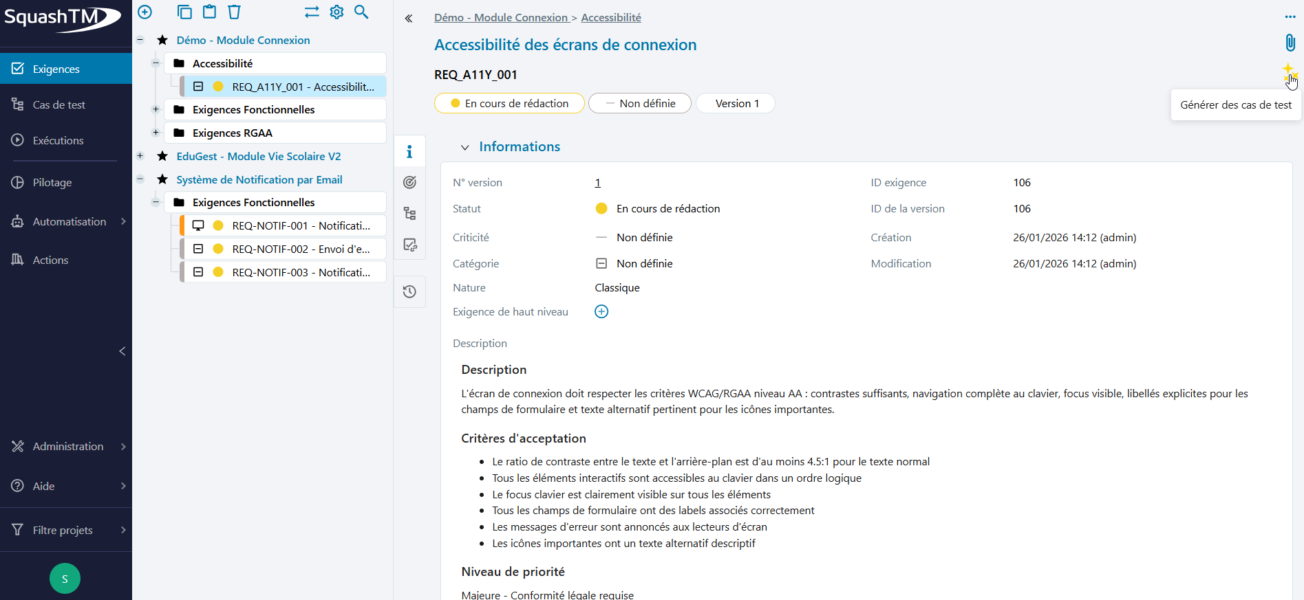 Accès à la génération de cas de test depuis une exigence