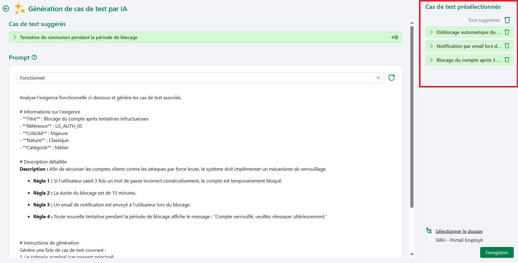 Cas de test sélectionnés