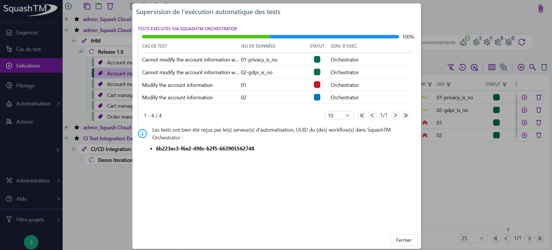 Pop-up de supervision après lancement
