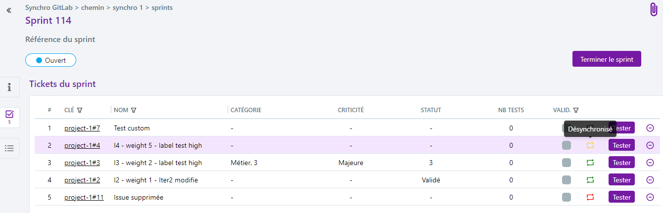 Statut synchro sprint req versions