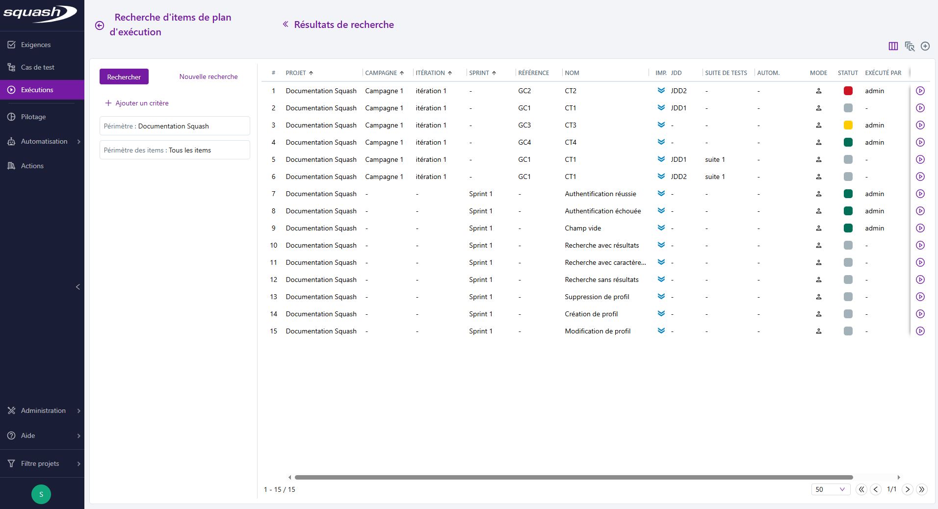 Page de recherche d'items de plan d'exécution