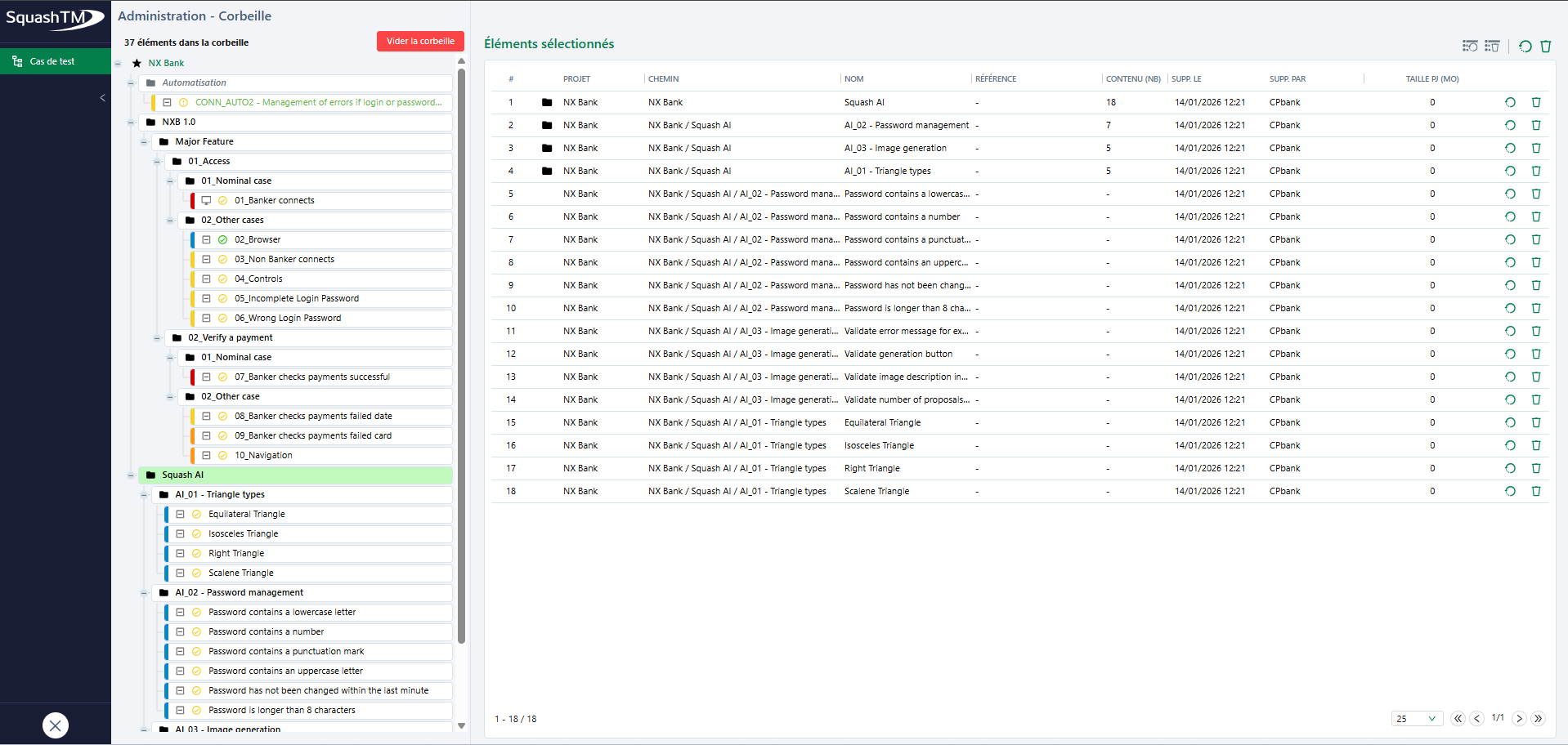 page de gestion de la corbeille