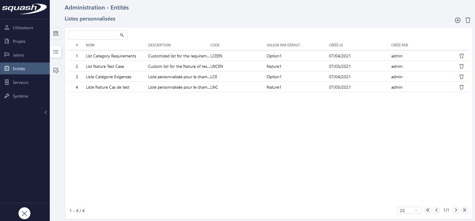 Tableau des listes personnalisées