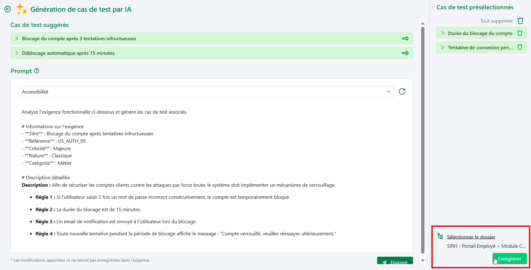 Enregistrement des cas de test