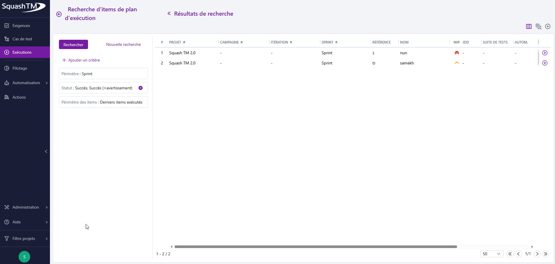 Recherche d'items de plan d'exécution filtrée par statut