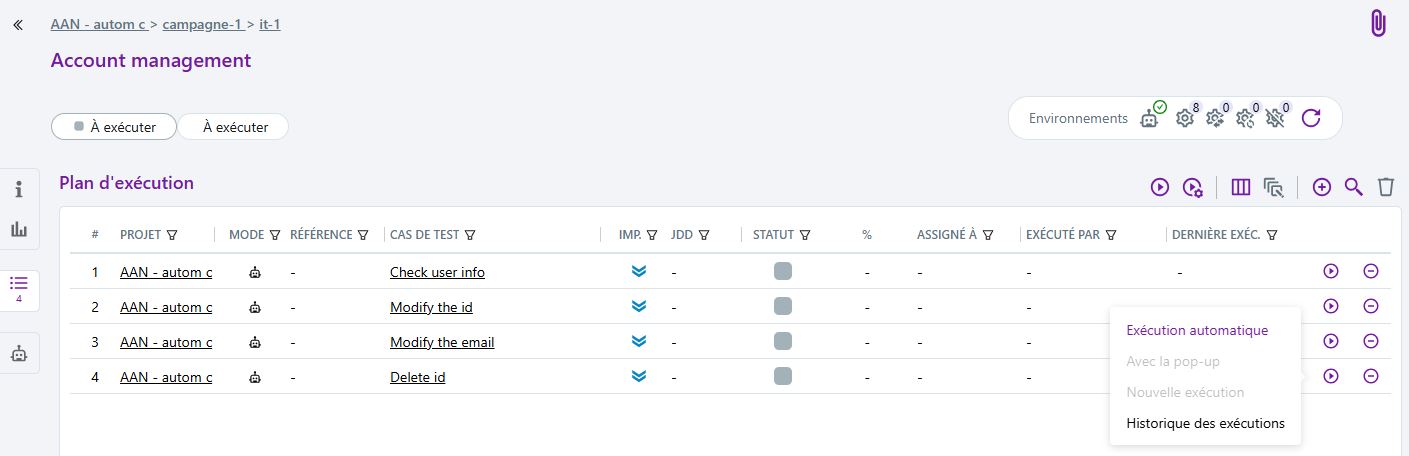 Exécution d'un test automatisé