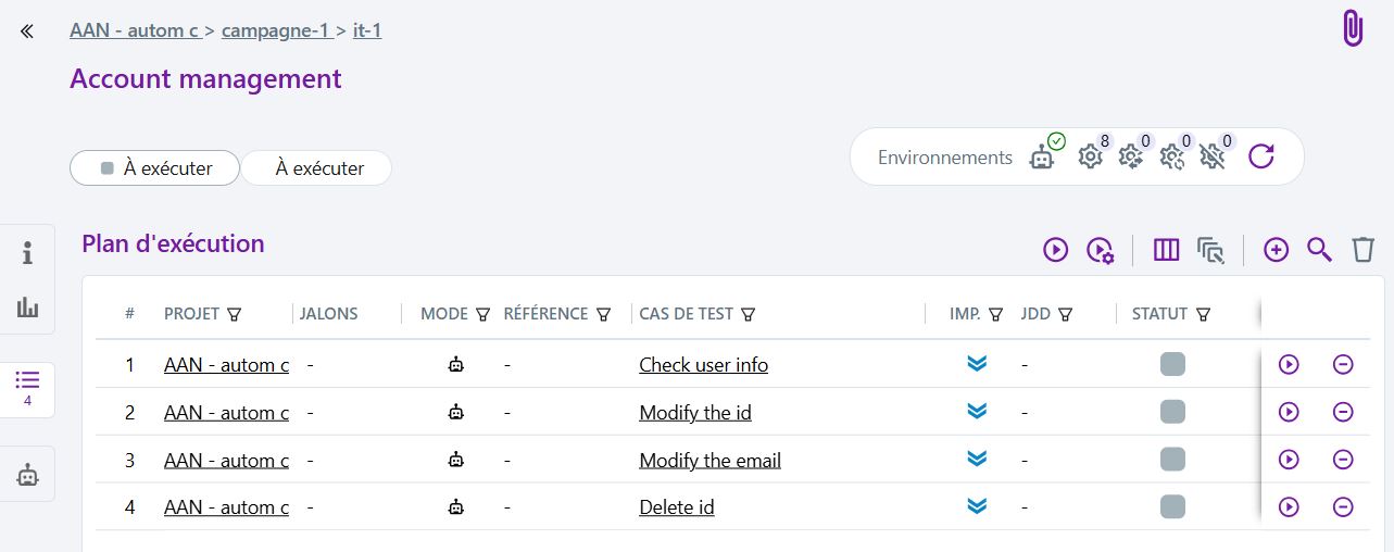 Plan de test avec capsule des environnements d'exécution