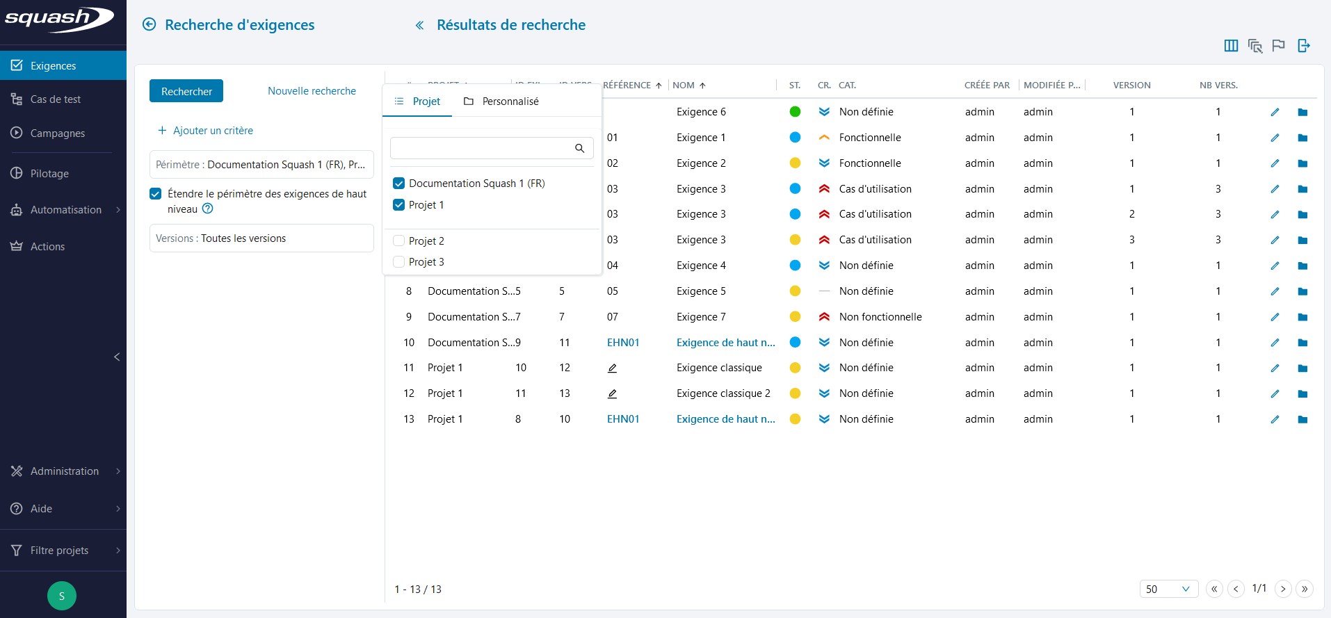 Rechercher un objet - Périmètre projet