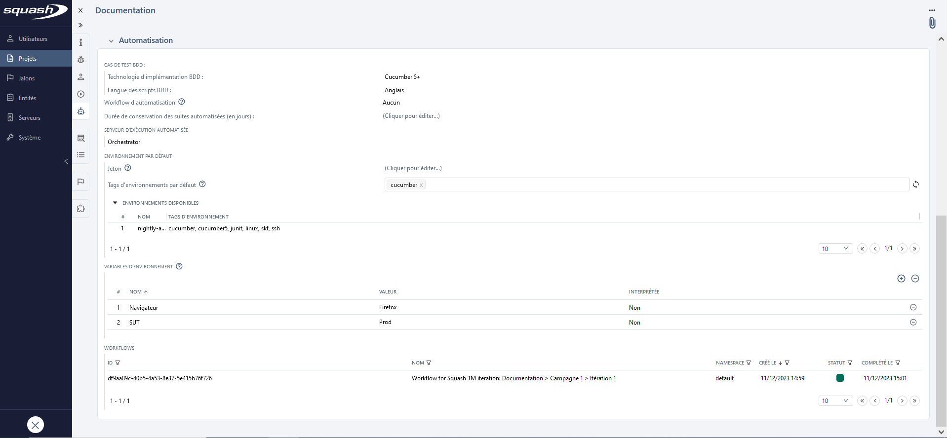 Sélection des tags d'environnement