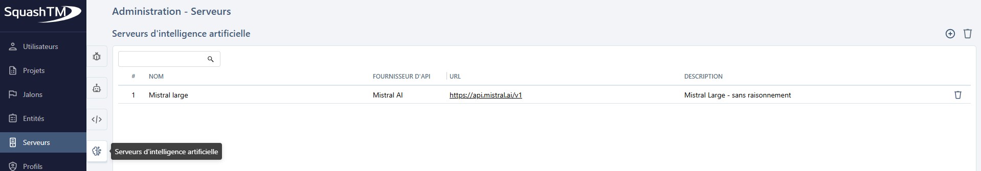 Page de gestion des serveurs d'IA