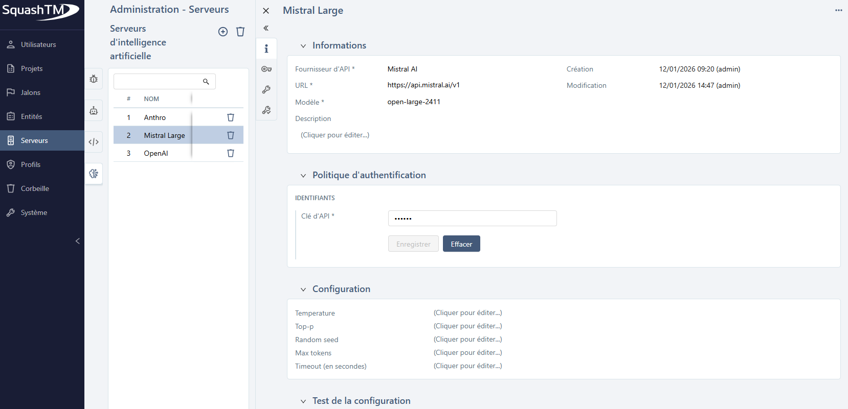 Page de consultation du serveur d'IA