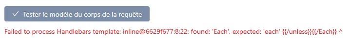 Validation d'un serveur IA personnalisé montrant du Handlebars invalide