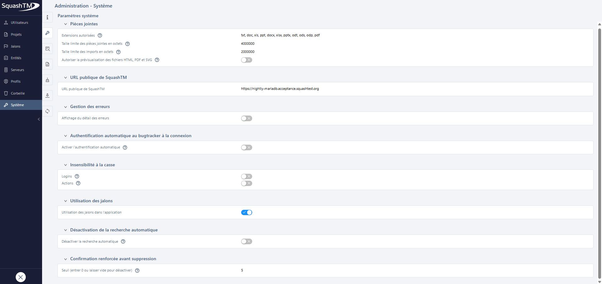 Page Paramètres système