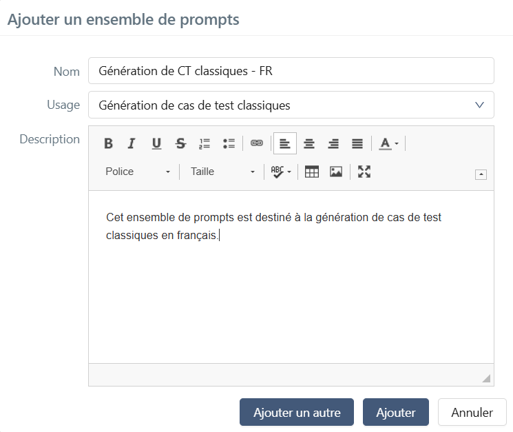Pop-up de création d'un ensemble de prompts