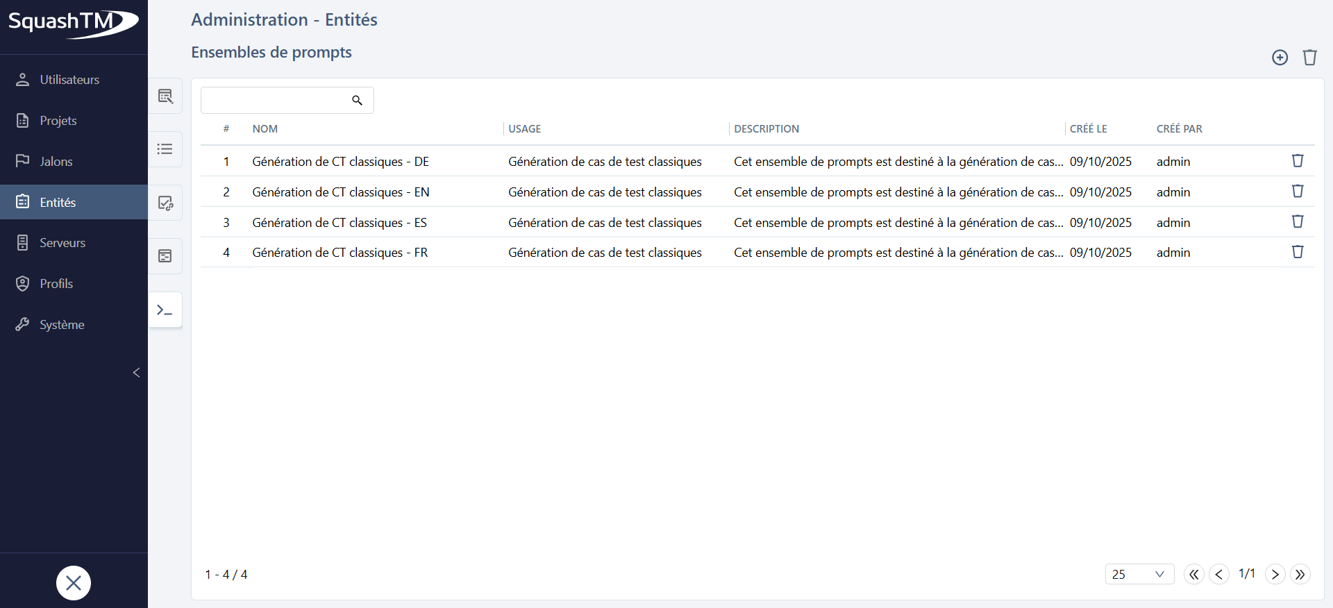 Tableau de gestion des ensembles de prompts