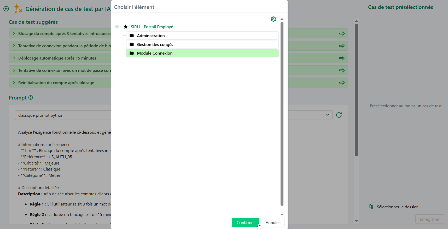 Sélection du dossier de destination