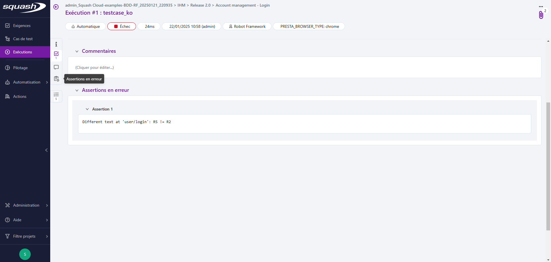 Assertion en erreur sur la page d'exécution