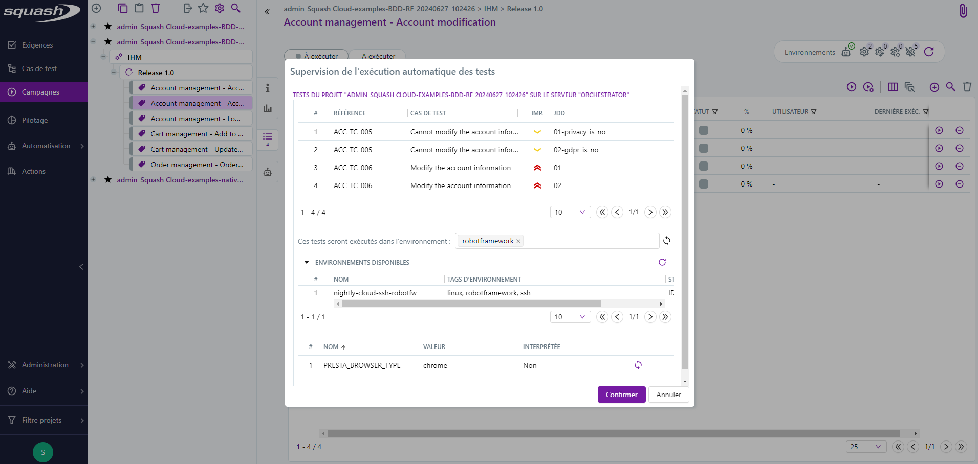 Pop-up de supervision avant lancement