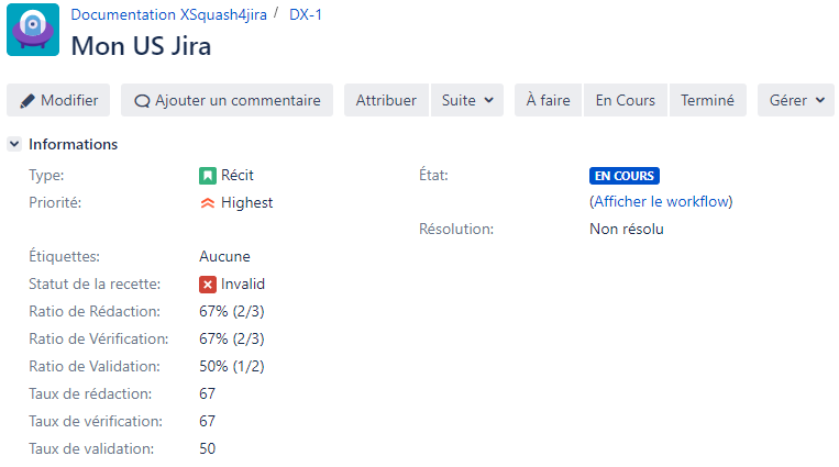 Champs de reporting SquashTM dans Jira