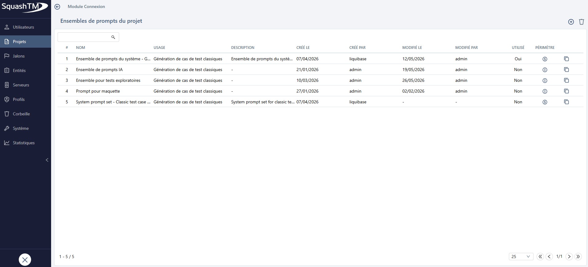 Gestion des ensembles de prompts du projet