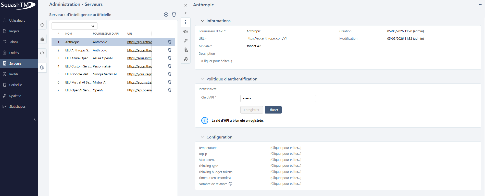 Page de configuration du serveur d'IA