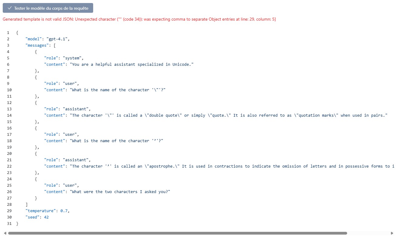 Validation d'un serveur IA personnalisé montrant du JSON invalide