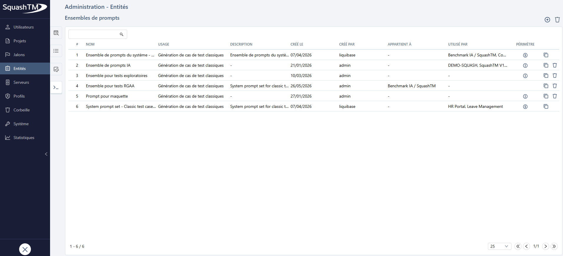 Tableau de gestion des ensembles de prompts