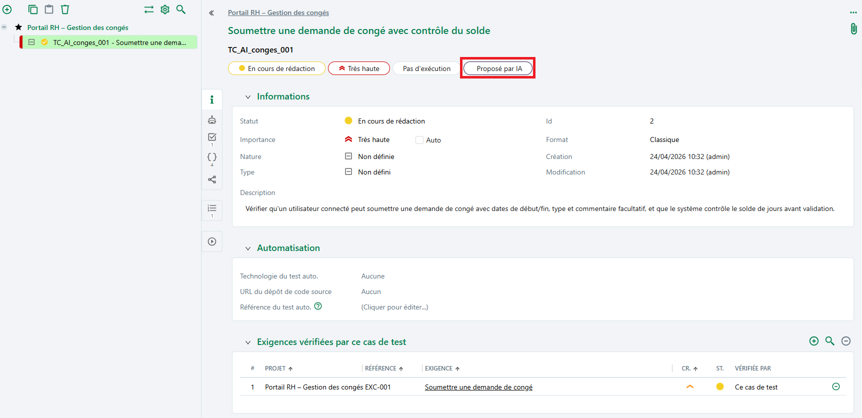 Cas de test créé avec la mention Proposé par IA