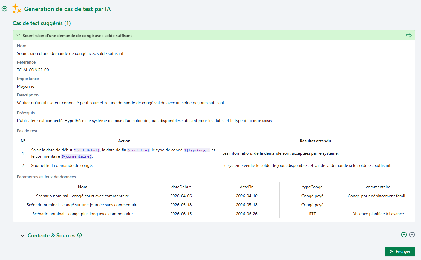Suggestion détaillée avec importance, référence et jeux de données