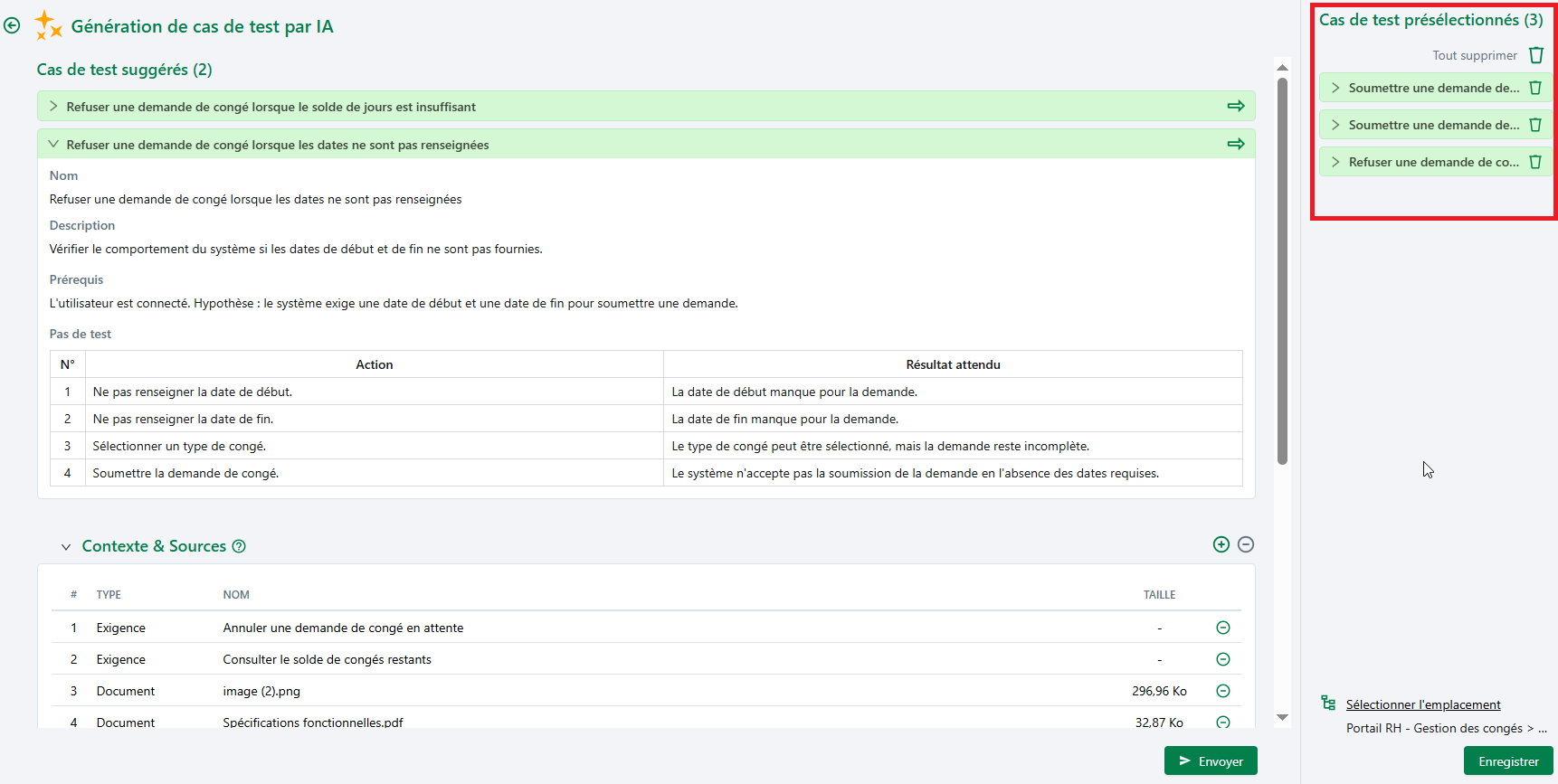 Cas de test sélectionnés