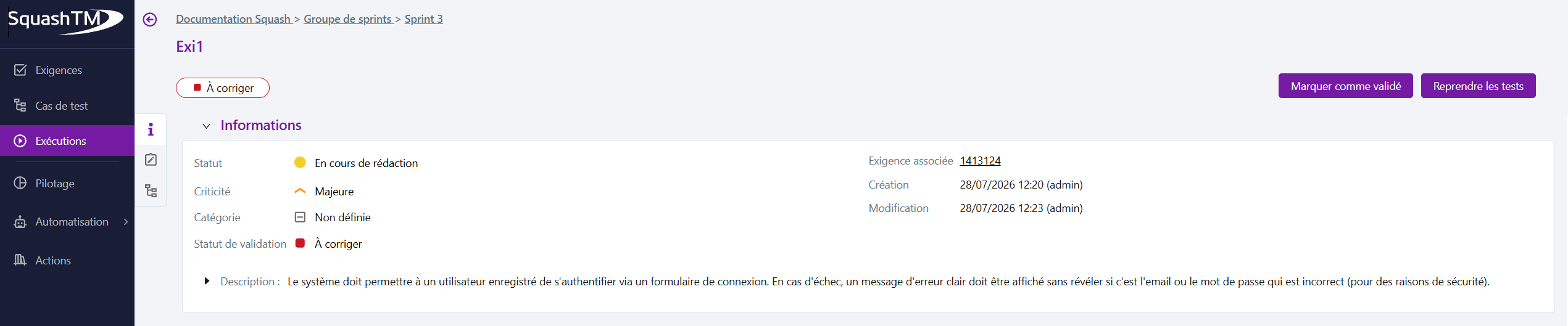 Exigence à corriger