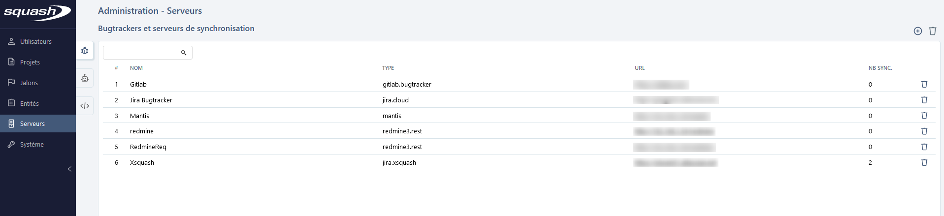 Tableau de gestion des bugtrackers et serveurs de synchronisation