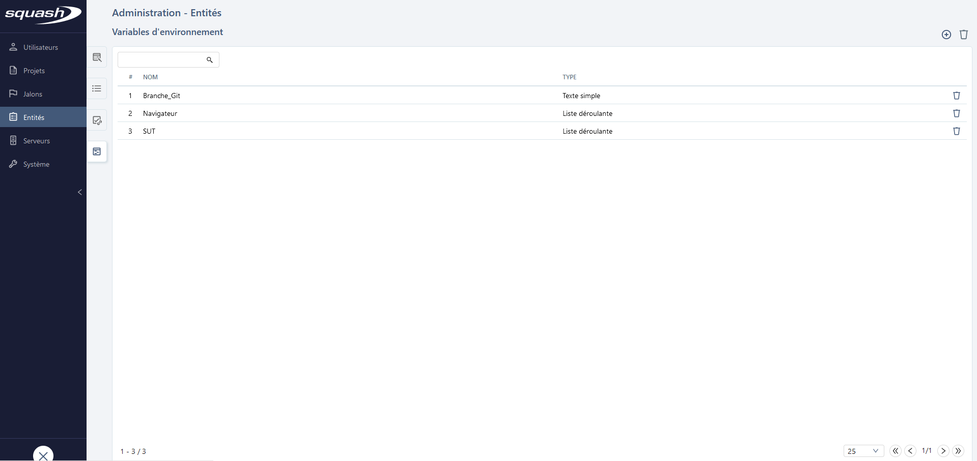 Tableau de gestion des variables d'environnement