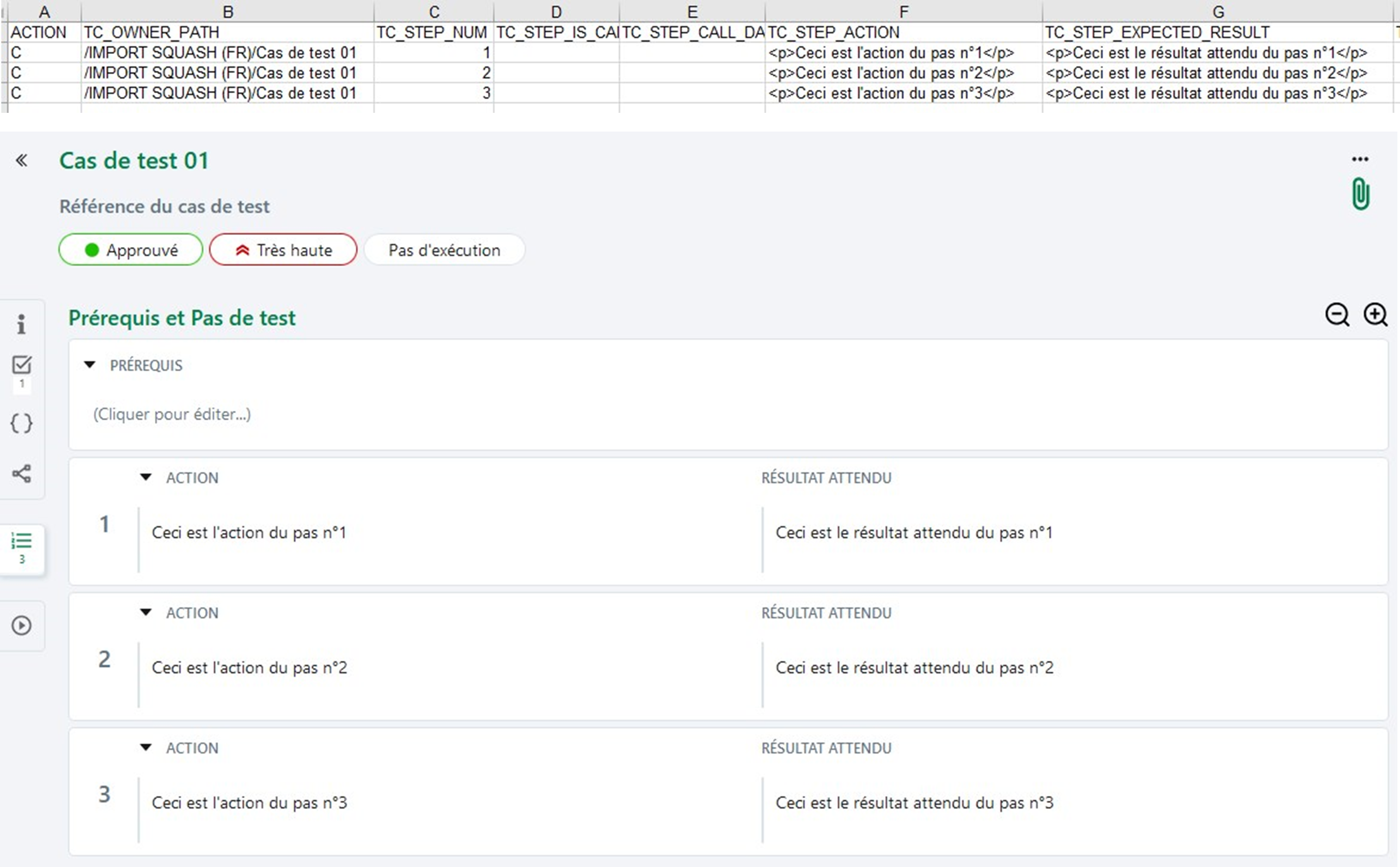 Importer des pas de test pour un cas de test classique