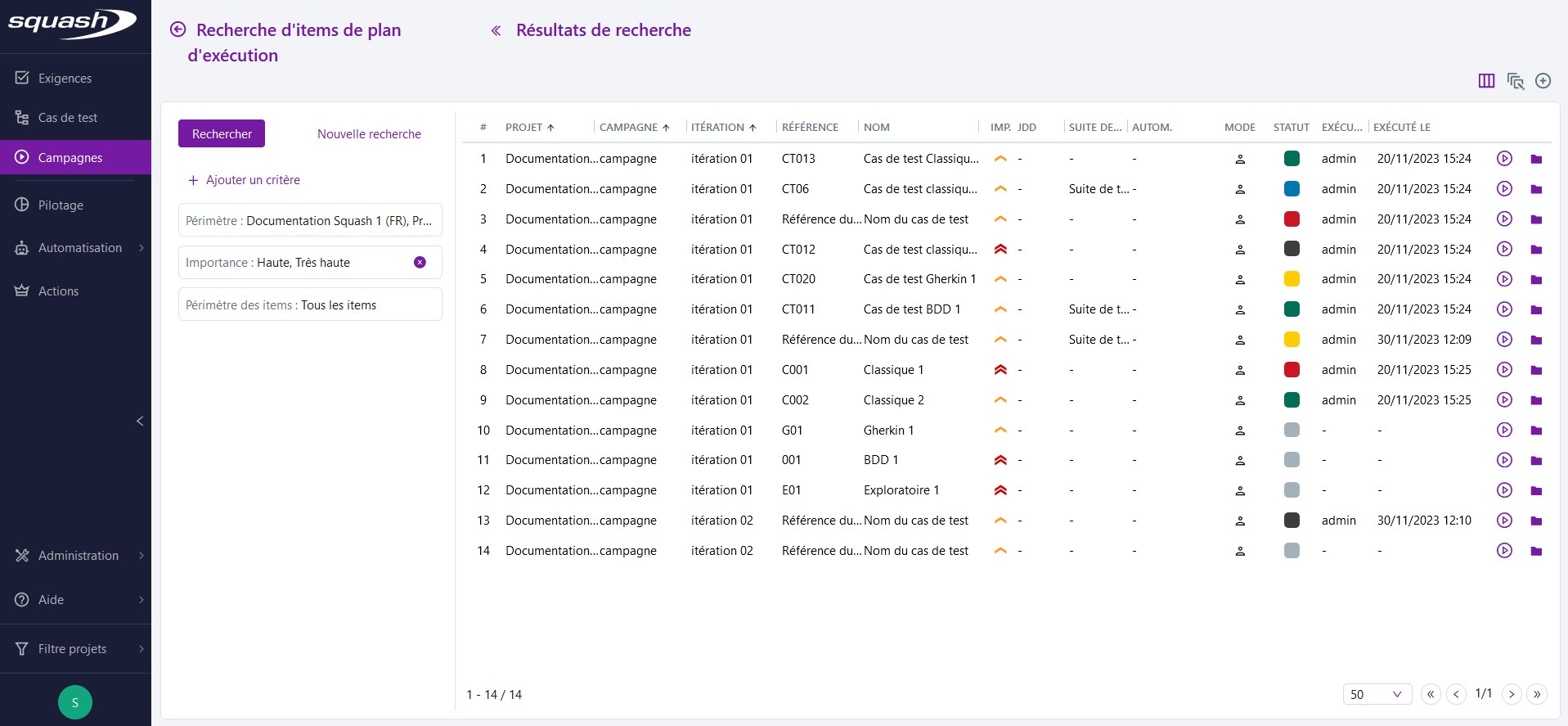 Page de recherche d'items de plan d'exécution