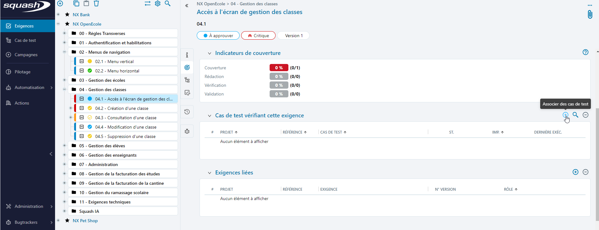 Associer des cas de test à une exigence