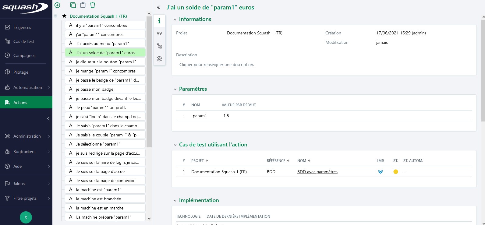 Page de consultation de l'action