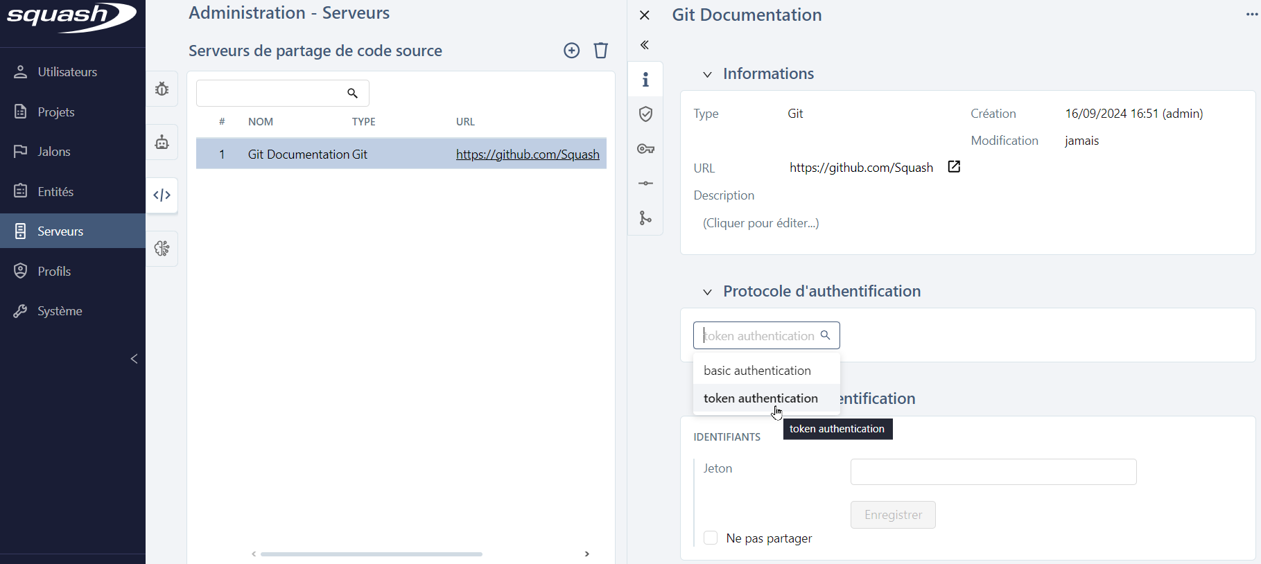 token authentification serveurs code source