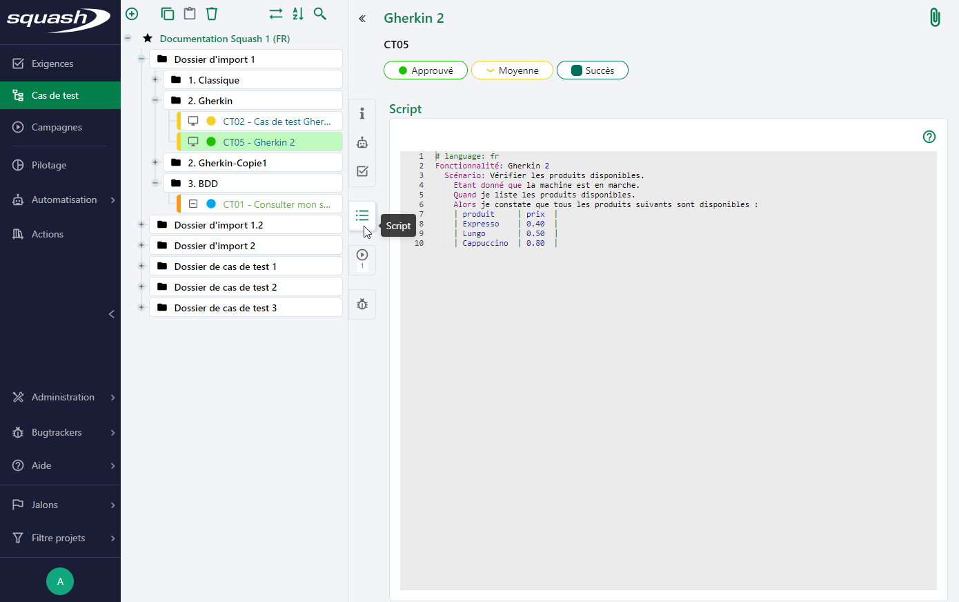 Ancre Script d'un cas de test de Gherkin