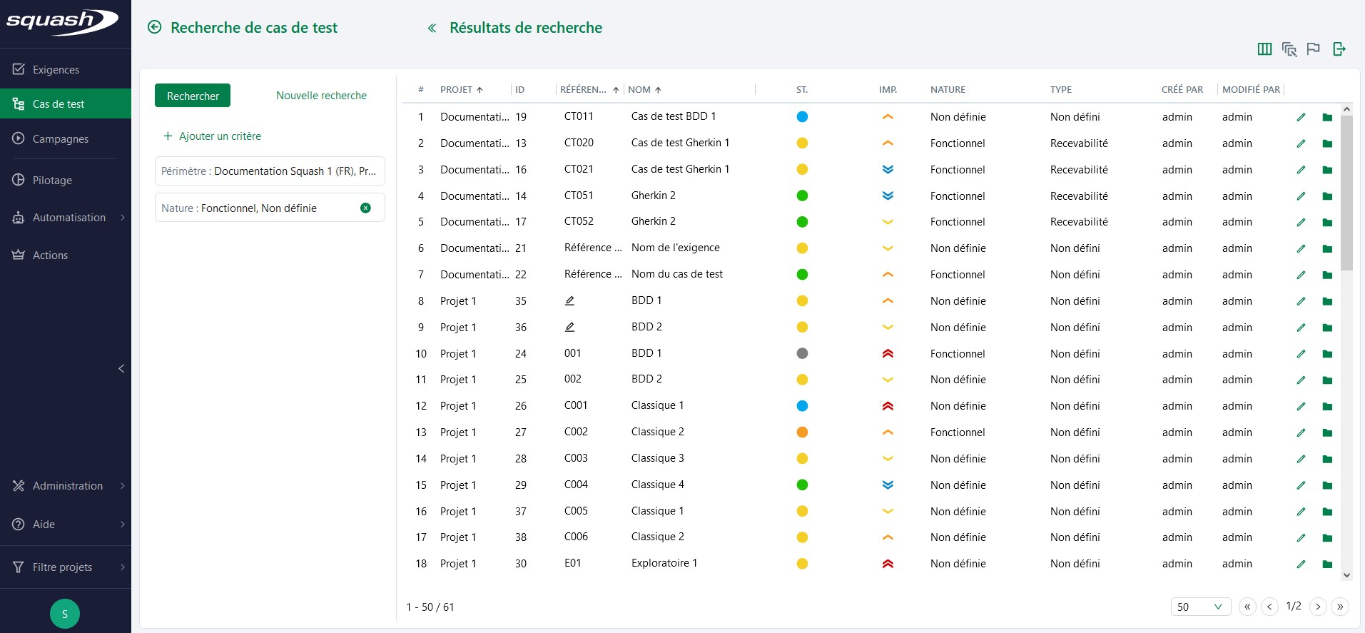 Page de recherche de cas de test