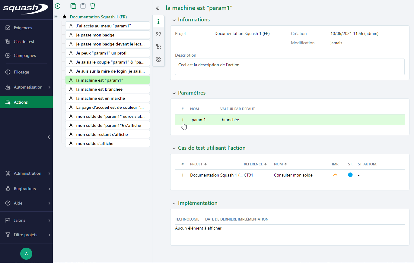 Paramètre libre d'un pas de test BDD