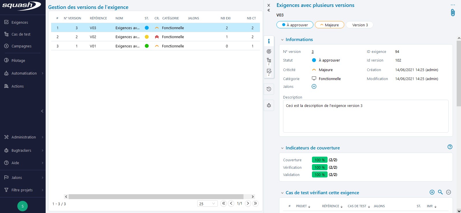 Page de gestion des versions de l'exigence