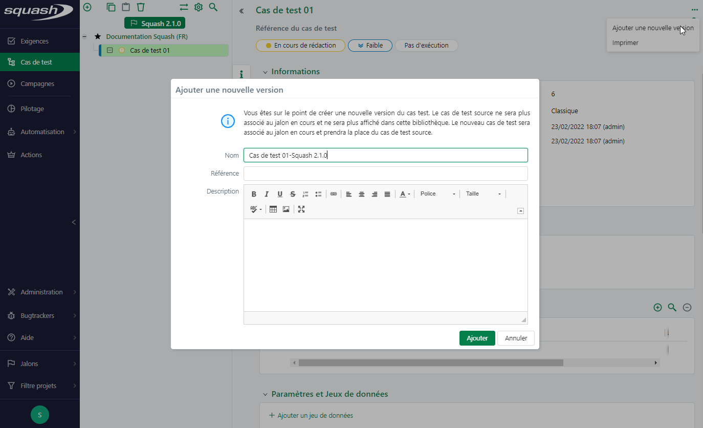 Créer une nouvelle version de cas de test