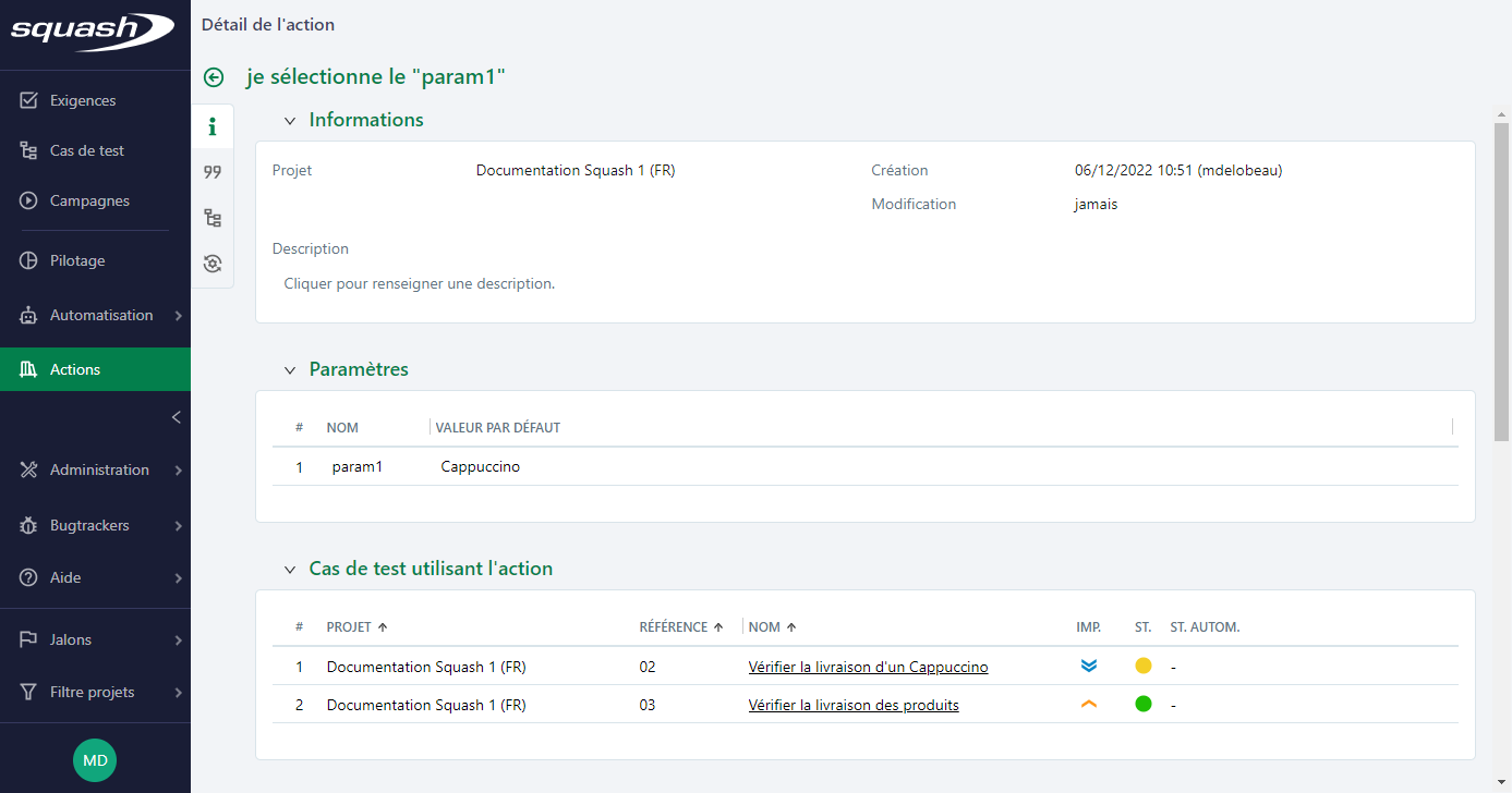 Page de consultation niveau 2 de l'action