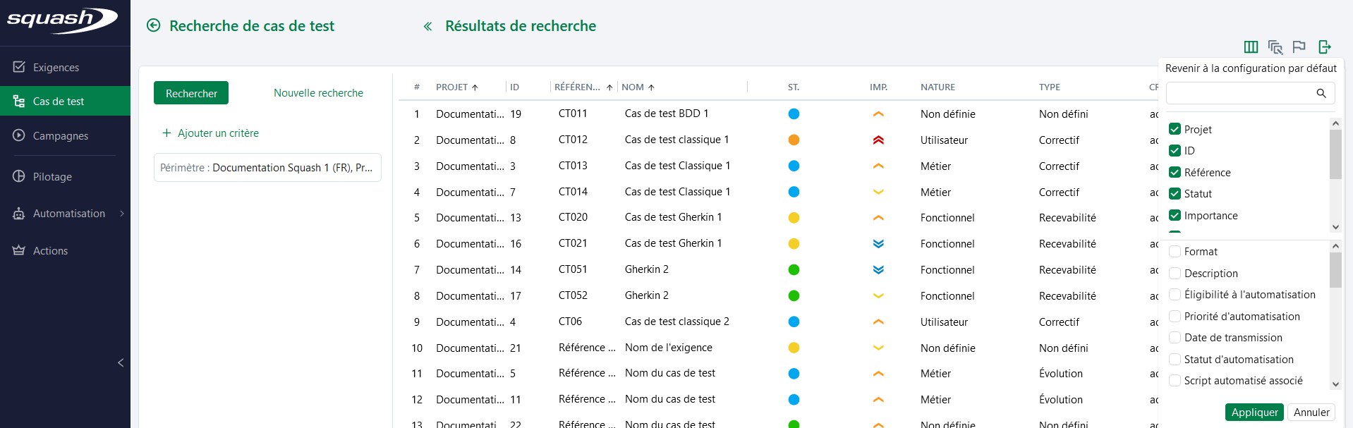 Rechercher un objet - Configuration des colonnes