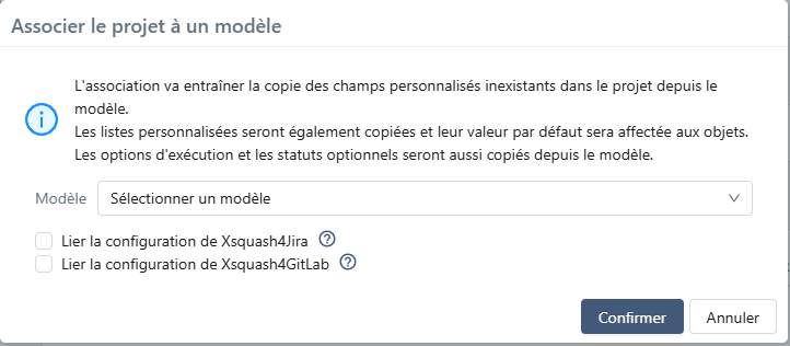 Pop-up associer le projet à un modèle