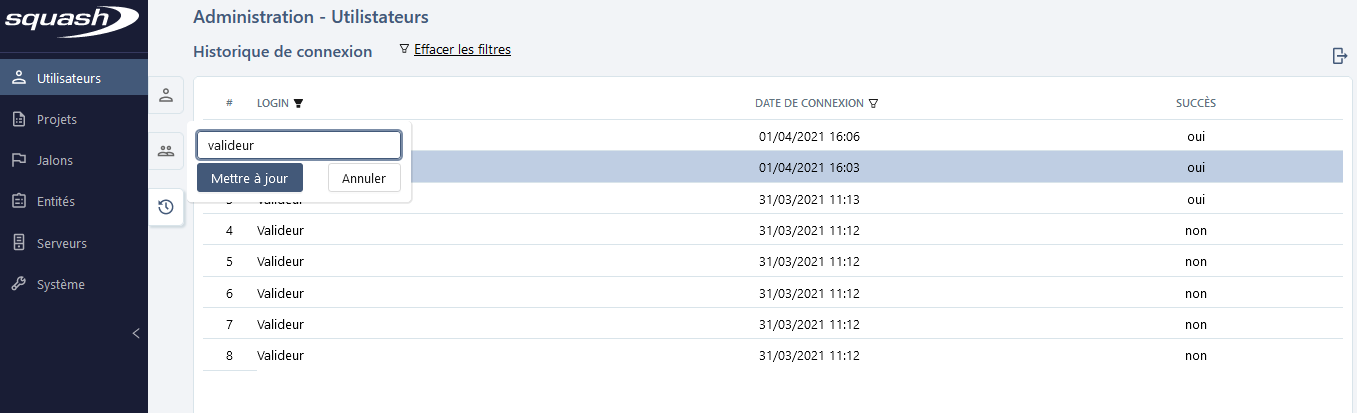 filtre historique connexion admin