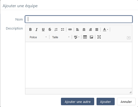 pop-up création équipe admin