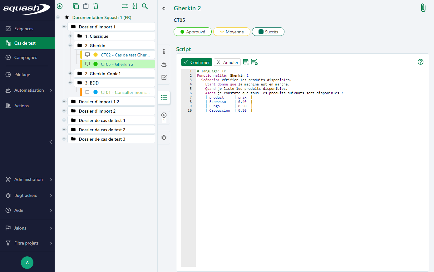 Script d'un cas de test de Gherkin