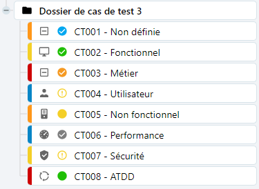 Les icônes et les pastilles des cas de test